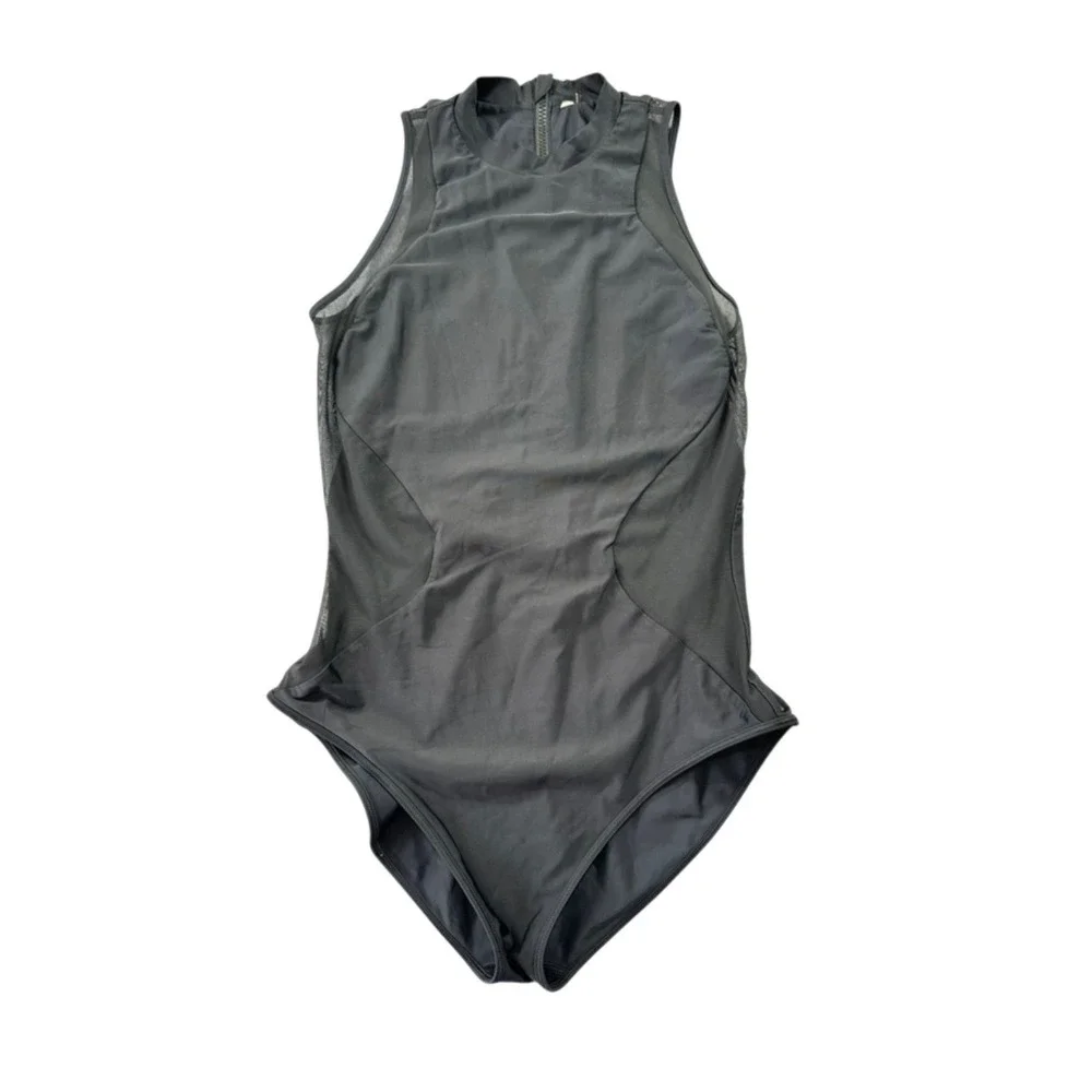 Lululemon Mesh Panel High Neck‎ Swimsuit Black Back Zip Sleeveless Activewear